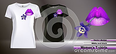 Design of women`s t-shirts with color print with lips and flower Vector Illustration